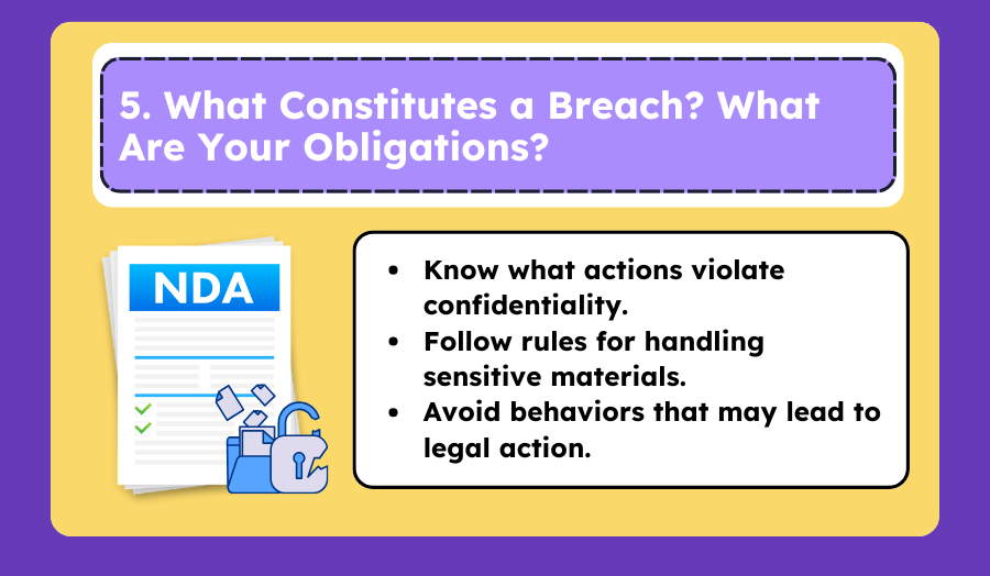 NDA breach checklist with a padlock and legal icons.