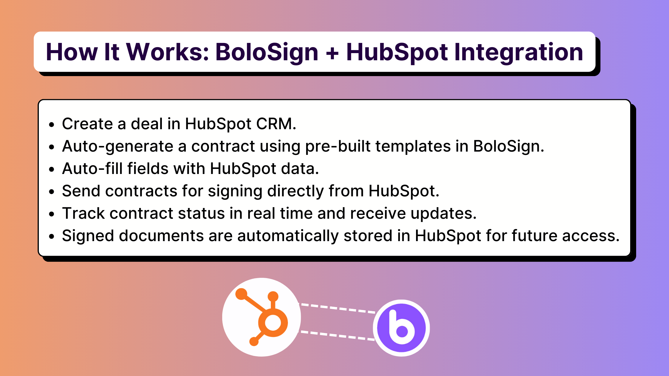Streamline contract management with BoloSign and HubSpot integration: automate workflows, send bulk eSignatures, reduce signing time, improve document storage, and enhance compliance for small businesses