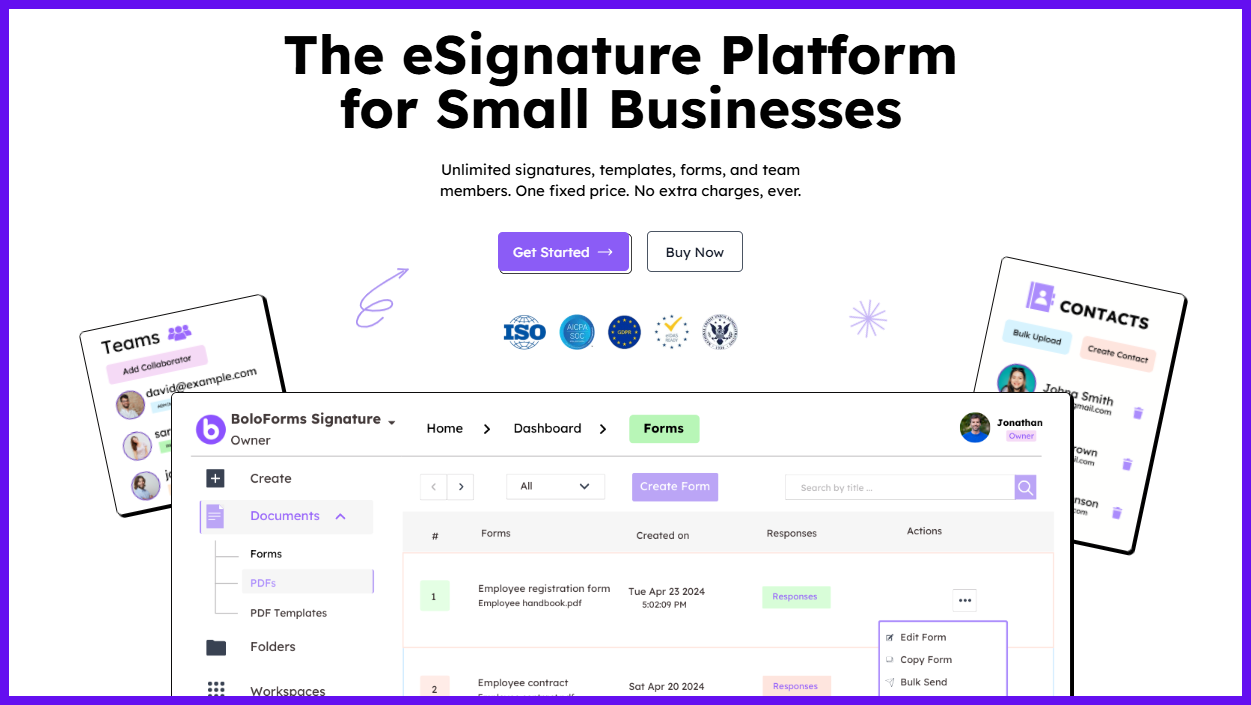 Dashboard of BoloForms Signature platform for teams and forms management.