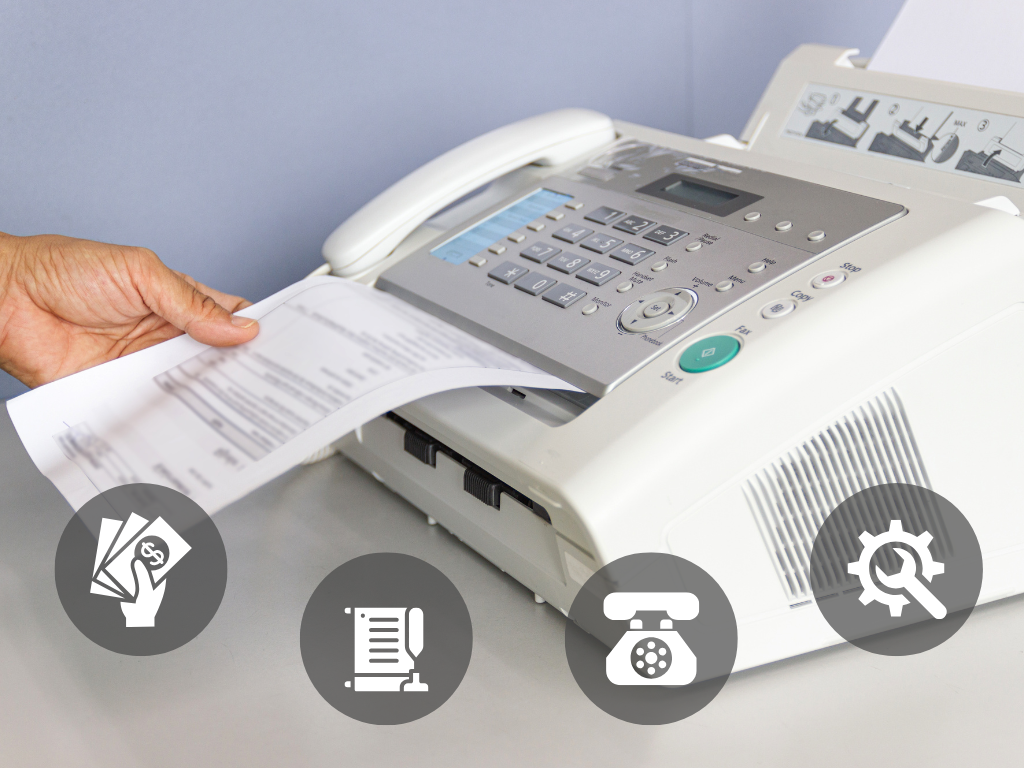 Infographics with a fax machine describing why it is costly