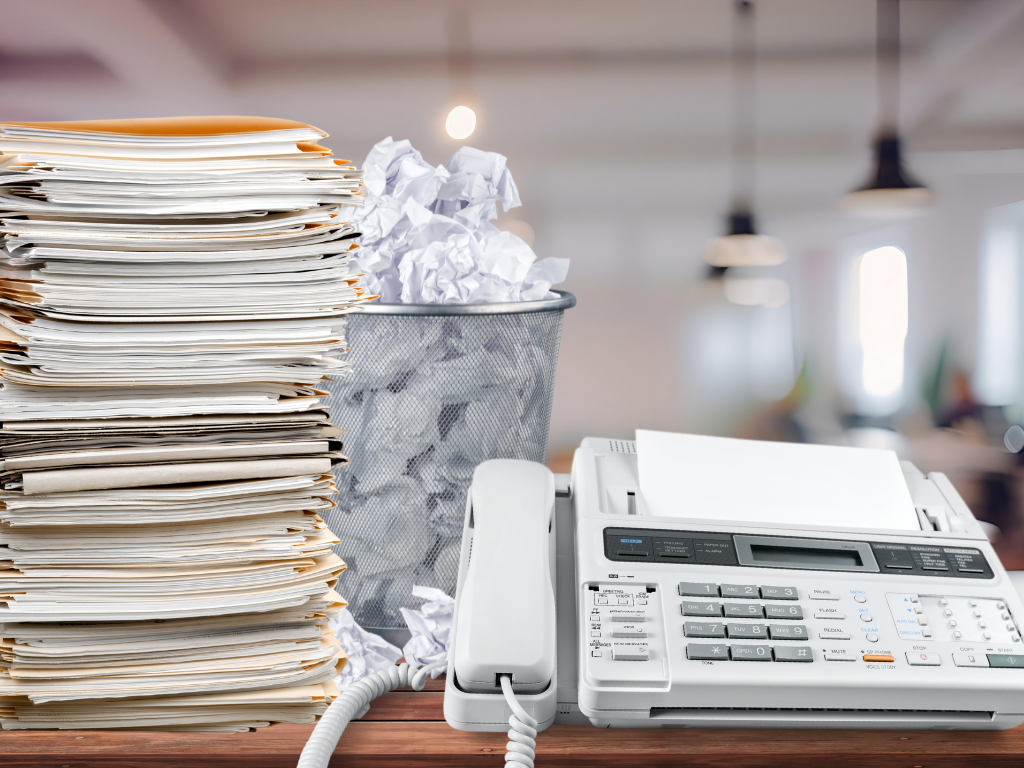 A office table where papers are piled up next to a Fax machine