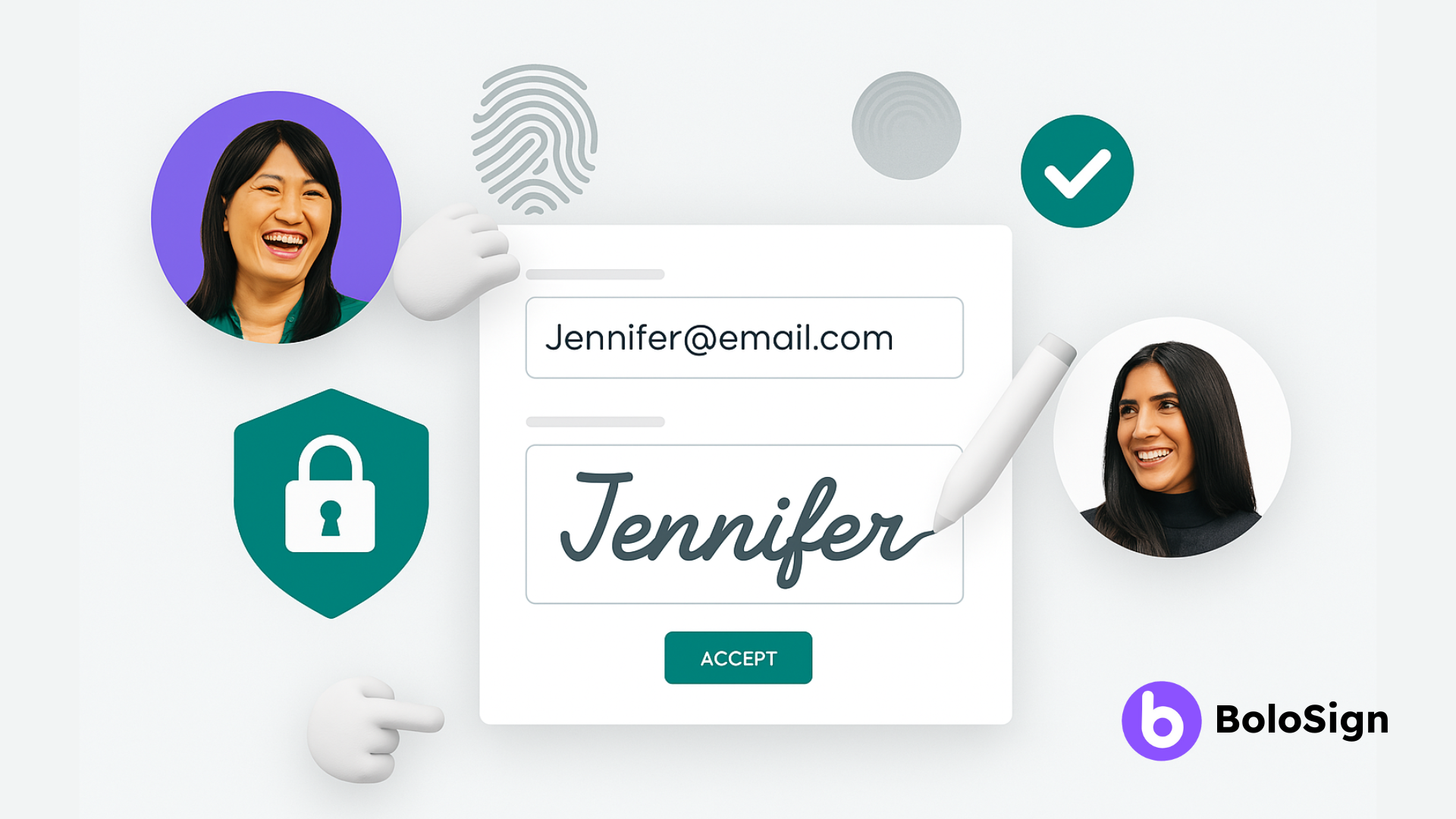 Digital signature interface showing a user named Jennifer signing a document with email input, fingerprint icon, lock symbol, and smiling users—highlighting secure eSignature with BoloSign.