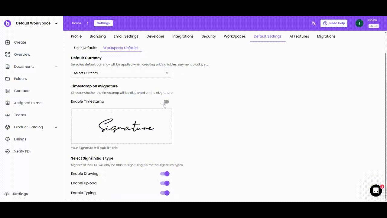 User enabling timestamp on an eSignature in settings panel, showing how the signature will appear with a visible date and time on a PDF using BoloSign."
