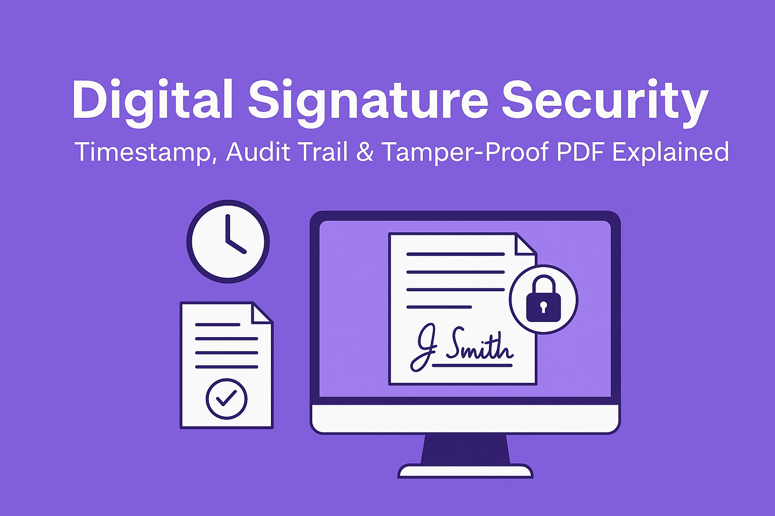 Illustration showing digital signature security with icons representing a timestamp, audit trail, and tamper-proof PDF document on a computer screen, labeled 'Digital Signature Security.'
