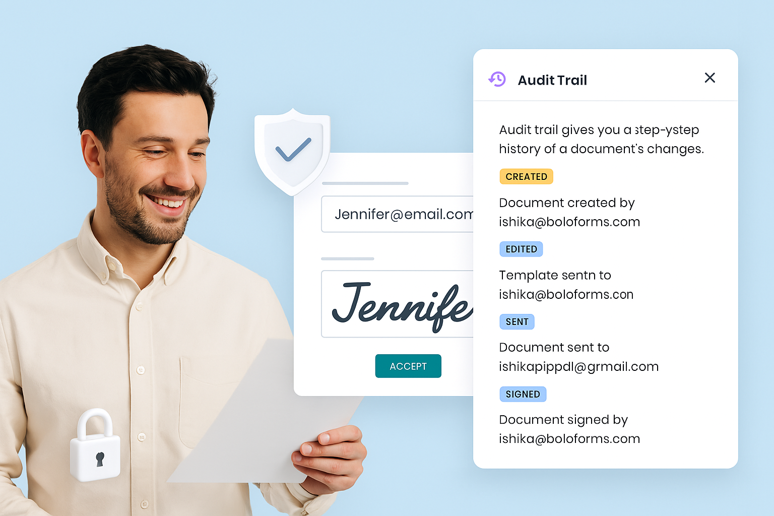 Smiling man holding a signed document with visible email, signature field, and a detailed audit trail showcasing document creation, edits, sends, and signature — representing secure eSignature and document tracking.