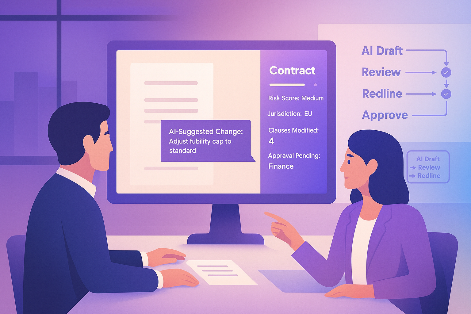 Two professionals reviewing an AI-suggested contract change on a digital screen.
