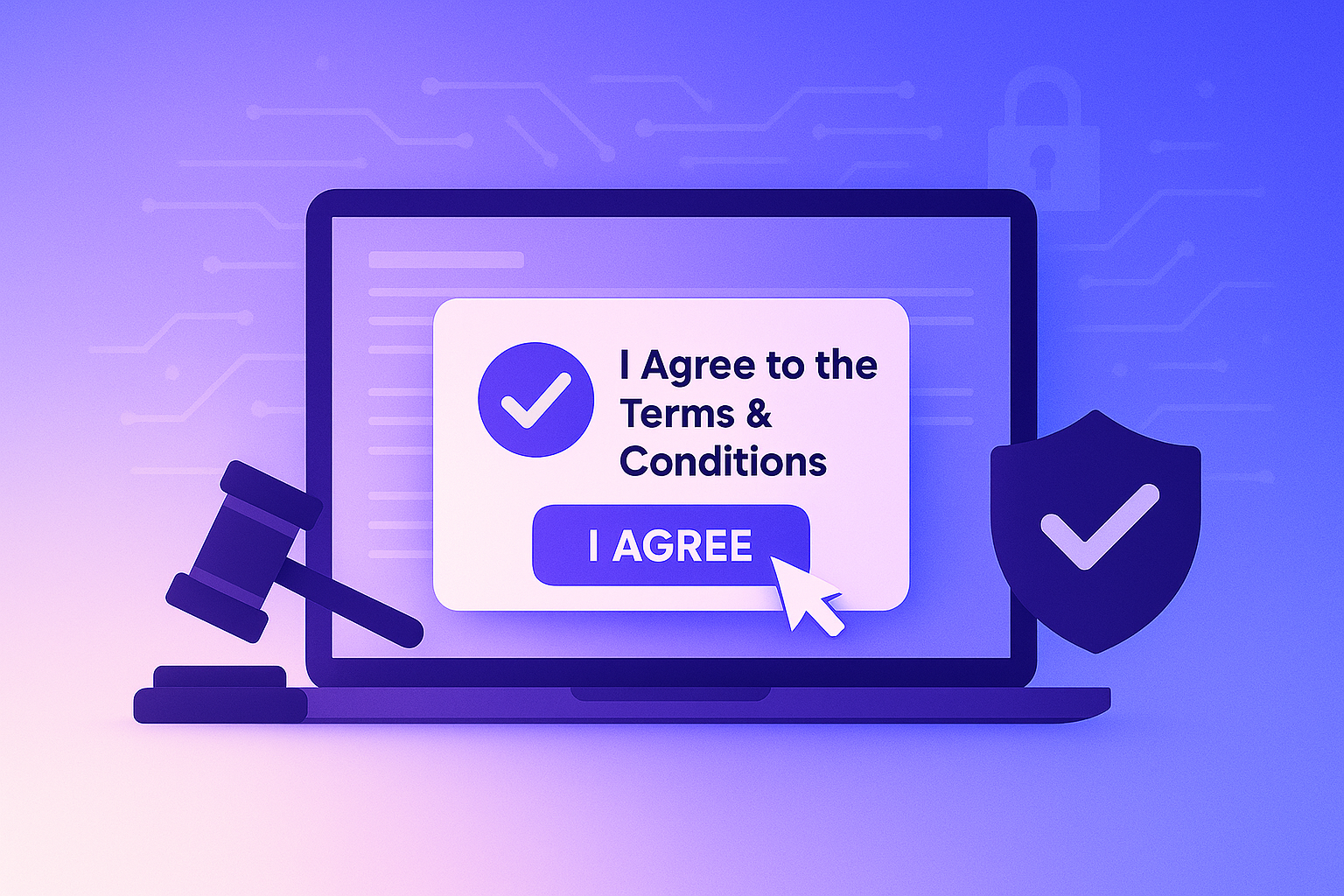 Laptop screen showing I Agree button with gavel and shield for legal clickwrap