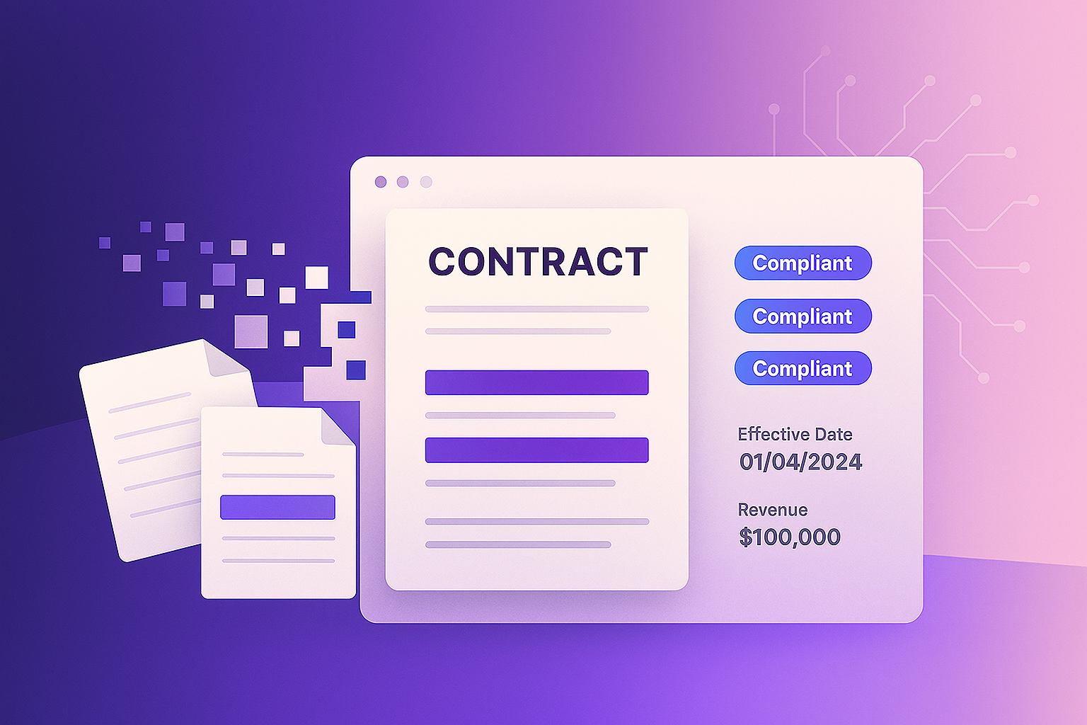 AI-analyzed contract showing compliance tags, revenue, and effective date.