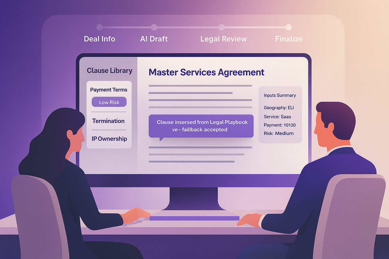 Team drafting a contract using a clause library and legal playbook in an AI workflow.