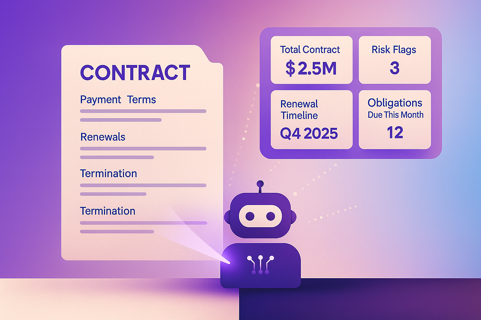 AI robot extracting contract data and generating a dashboard with risk and renewal info.
