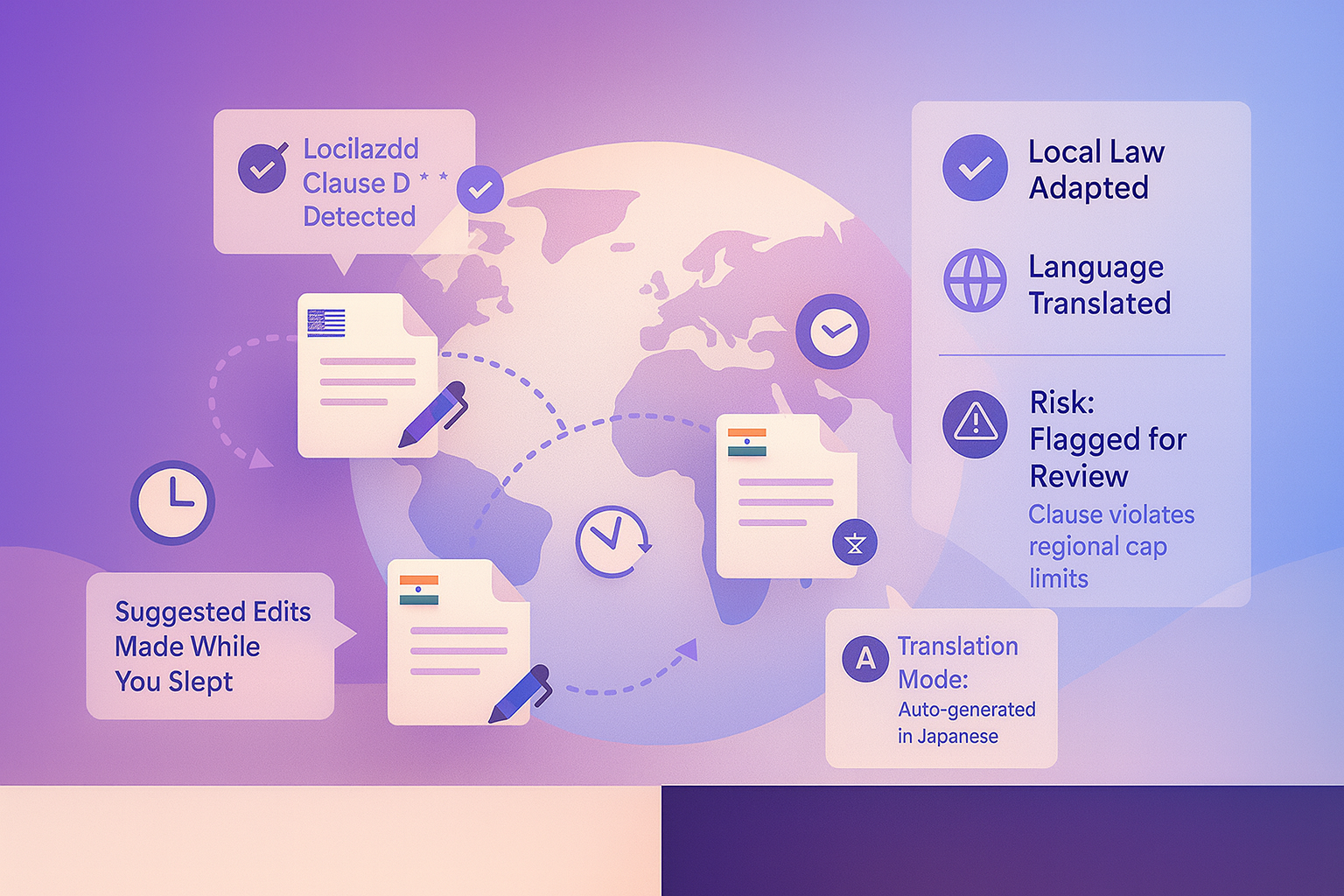 World map with contracts localized for different regions and real-time AI translation.