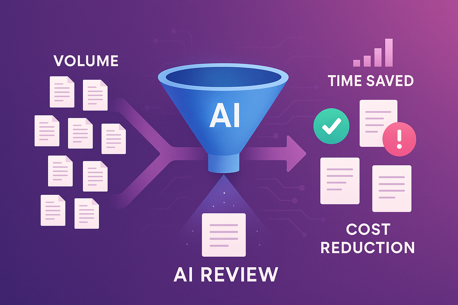 Funnel diagram: high contract volume processed by AI review, highlighting time saved and cost reduction.