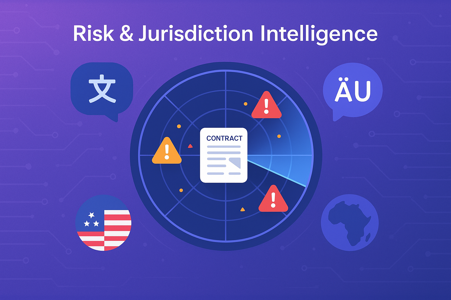 Radar view: AI risk and jurisdiction intelligence scanning contracts with flagged alerts.
