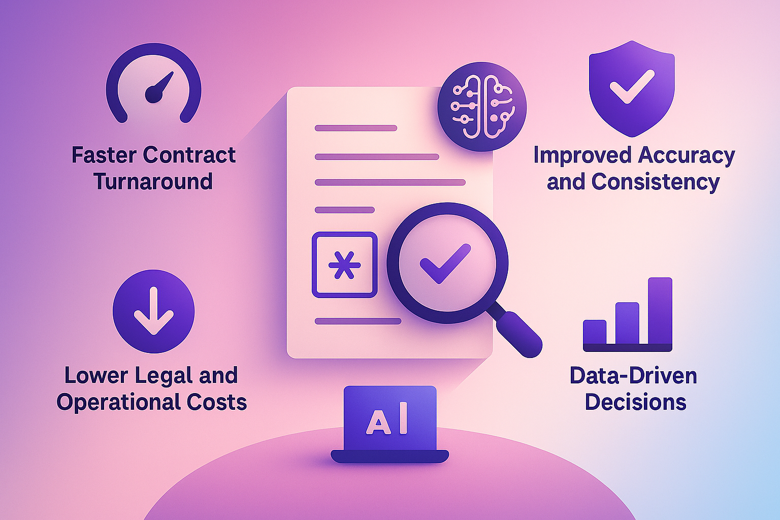 Illustration of an AI-powered robot analyzing business contracts on a screen, highlighting errors, suggesting improvements, and showing benefits like faster turnaround, reduced costs, improved accuracy, risk management, and data insights.