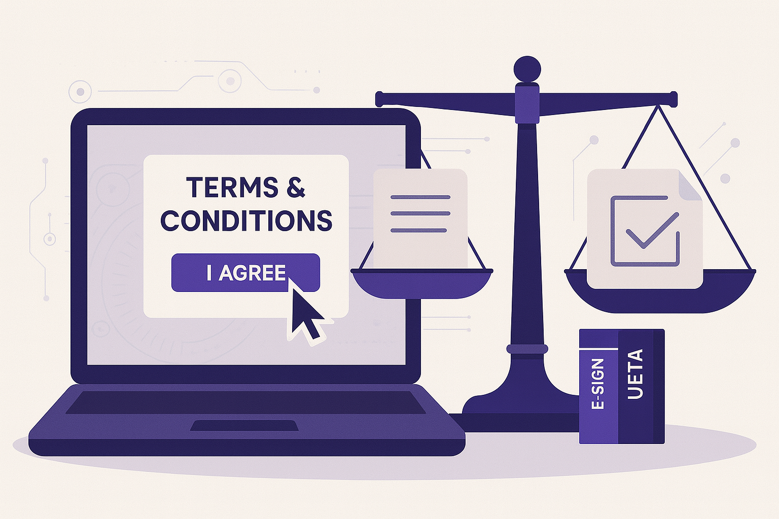 Terms and Conditions clickwrap with I Agree button and legal scale illustration.
