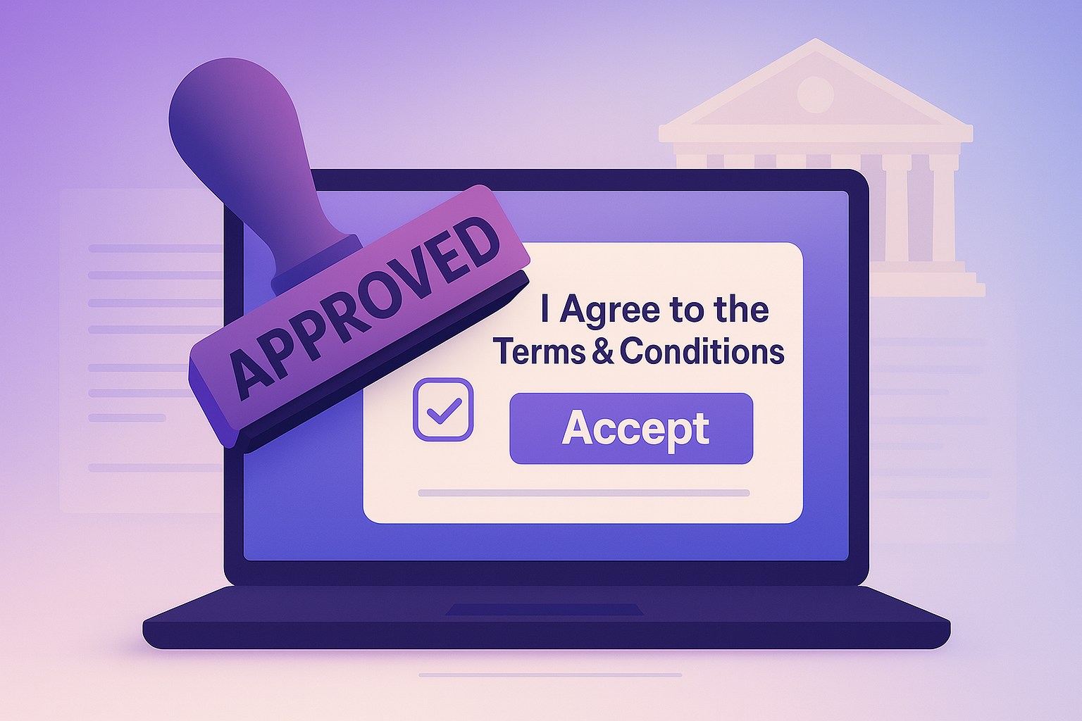 Approved stamp over Accept button on laptop showing agreement terms accepted
