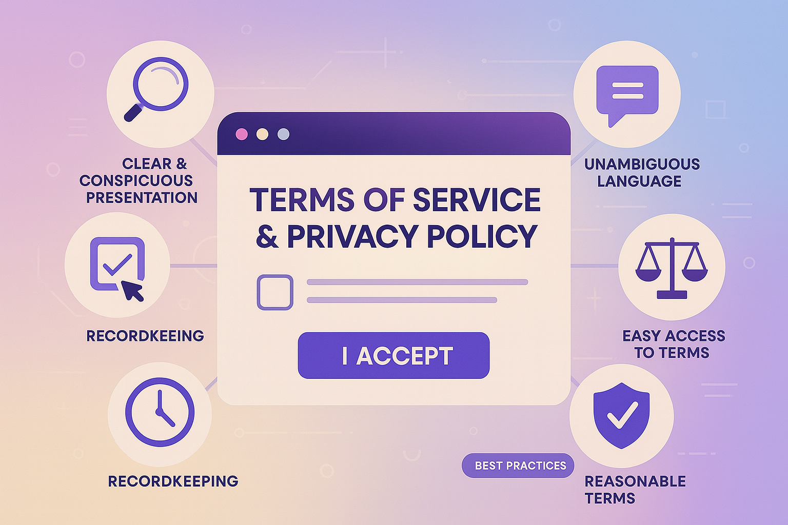 Terms of Service and Privacy Policy best practices checklist around Accept button.