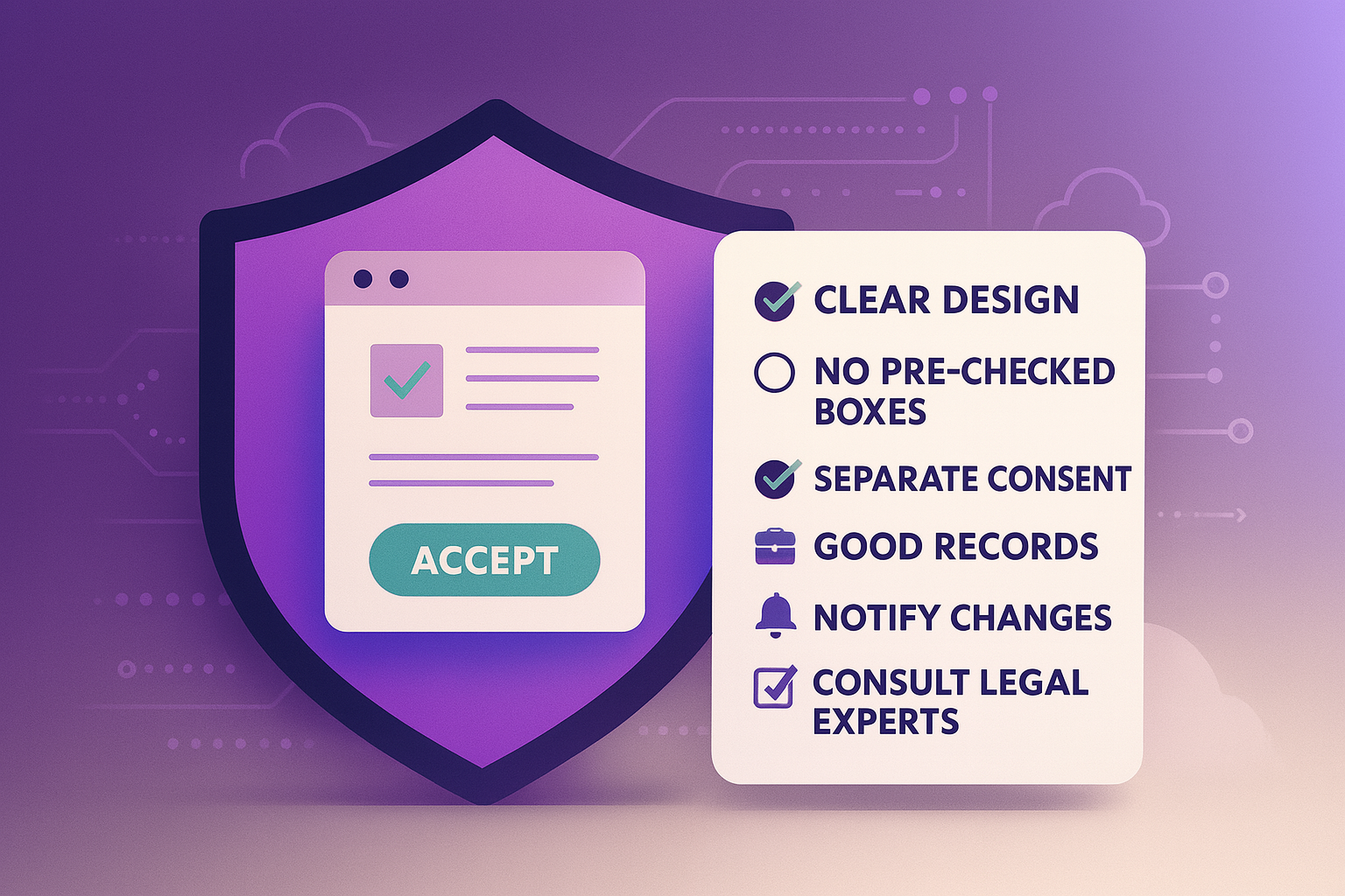 Shield with Accept button and list of clickwrap legal compliance best practices.