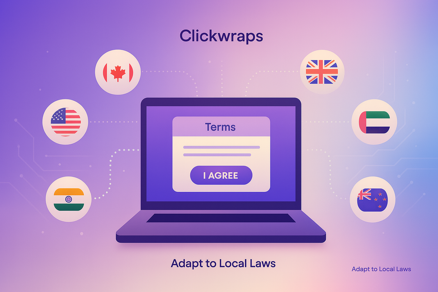 Laptop with clickwrap and flags showing global reach and local law compliance.