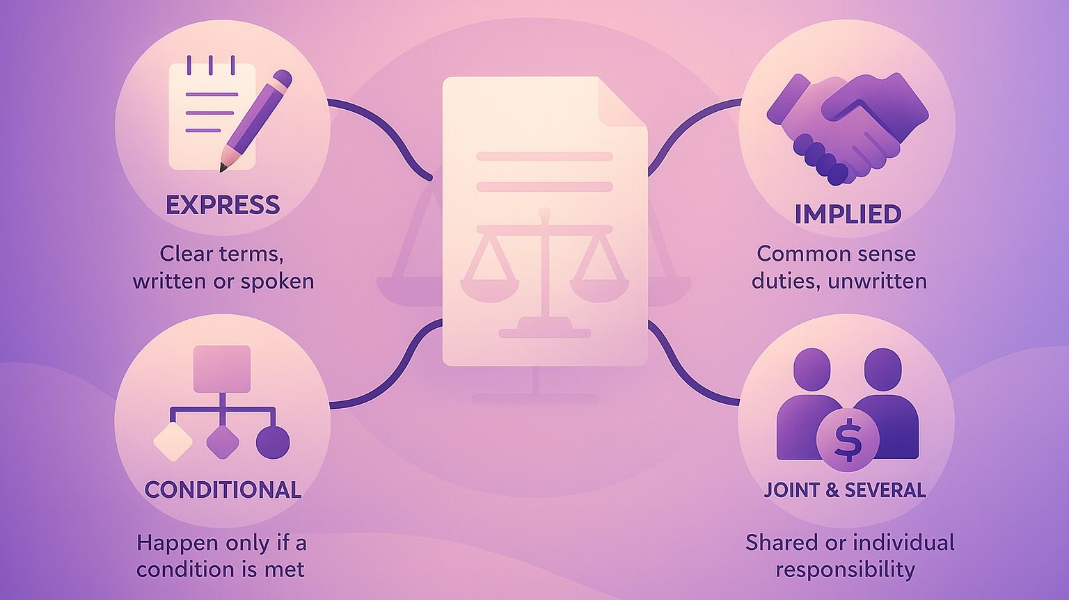 Contracts come in different flavors — clear words, common sense duties, conditions, or shared stakes.