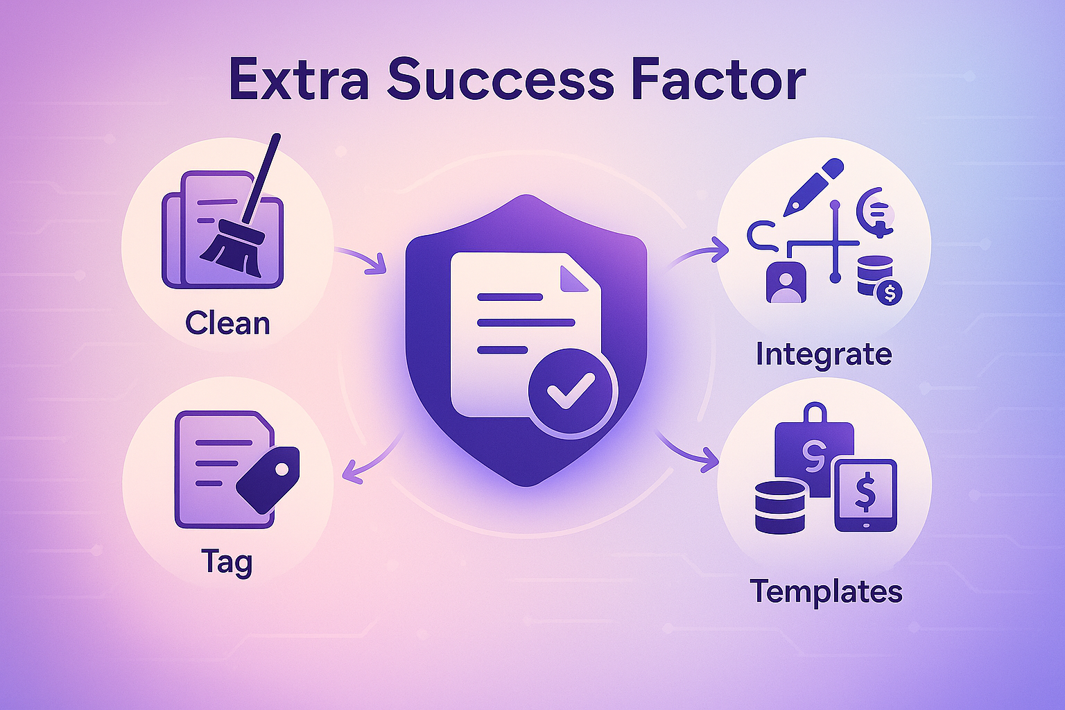 isual diagram titled “Extra Success Factor” with a central shield and document icon surrounded by four steps: Clean (broom icon), Tag (document with tag), Integrate (integration icon with people and currency symbols), and Templates (folder and dollar sign icon).