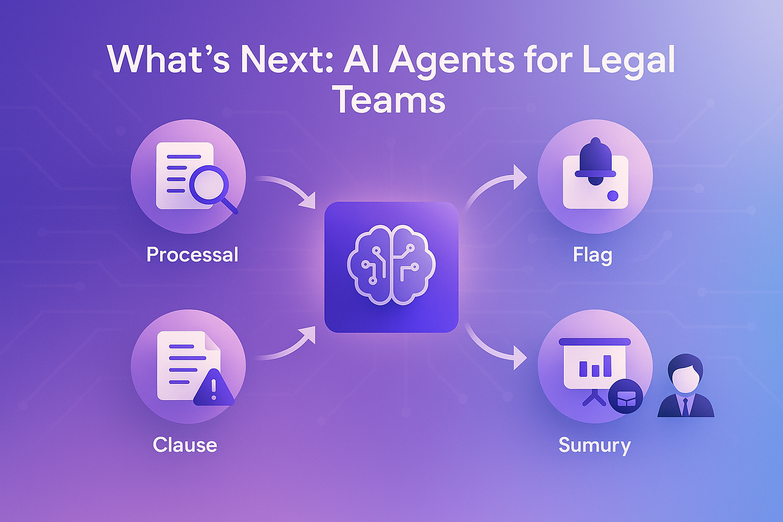 Visual diagram titled “What’s Next: AI Agents for Legal Teams” with a central AI brain icon connected to four tasks: Processal (document with magnifying glass), Clause (document with warning sign), Flag (alert bell), and Summary (presentation chart with person icon).