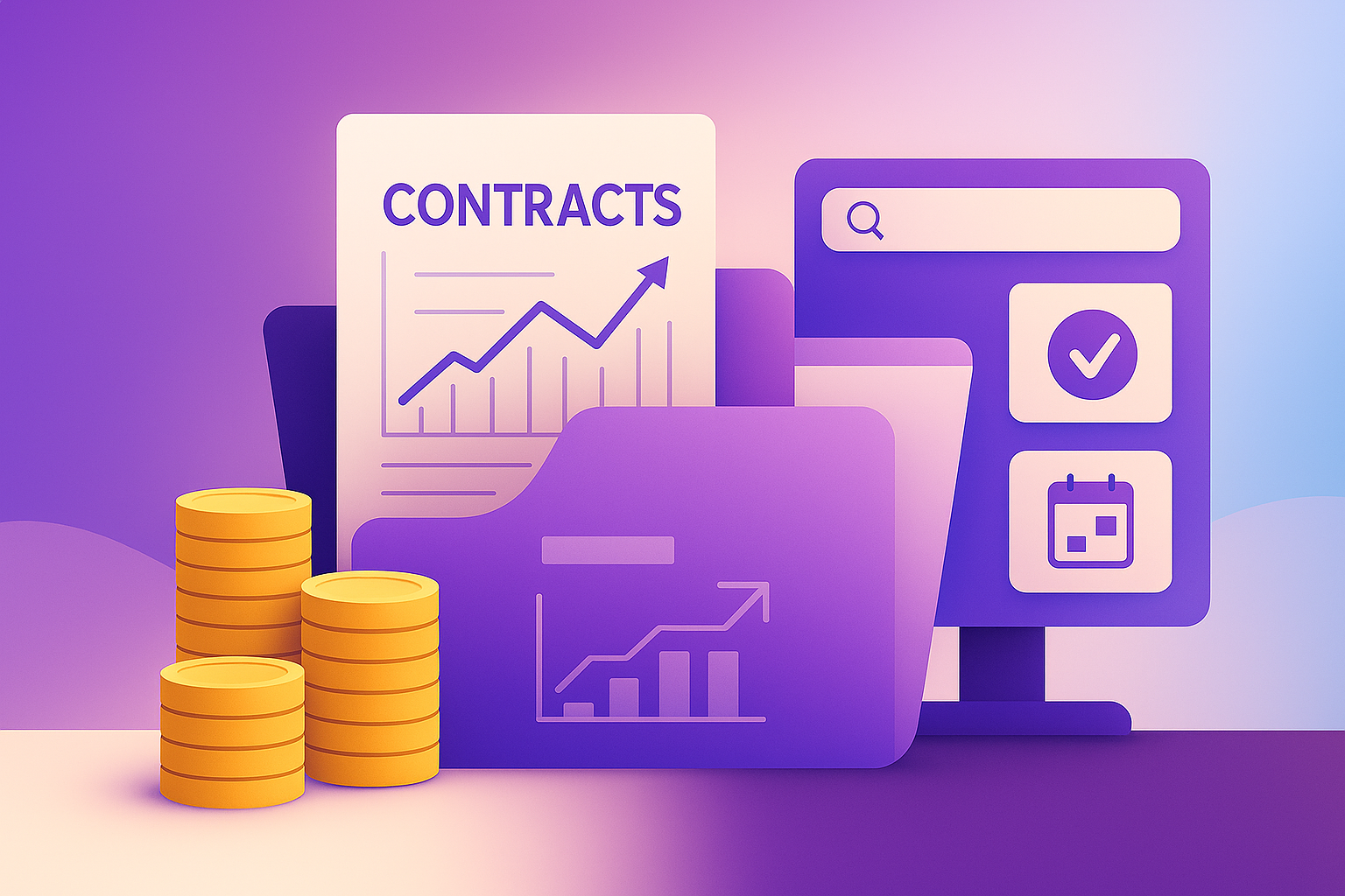 Digital contract files with coins, charts, and search icons showing contract data value.