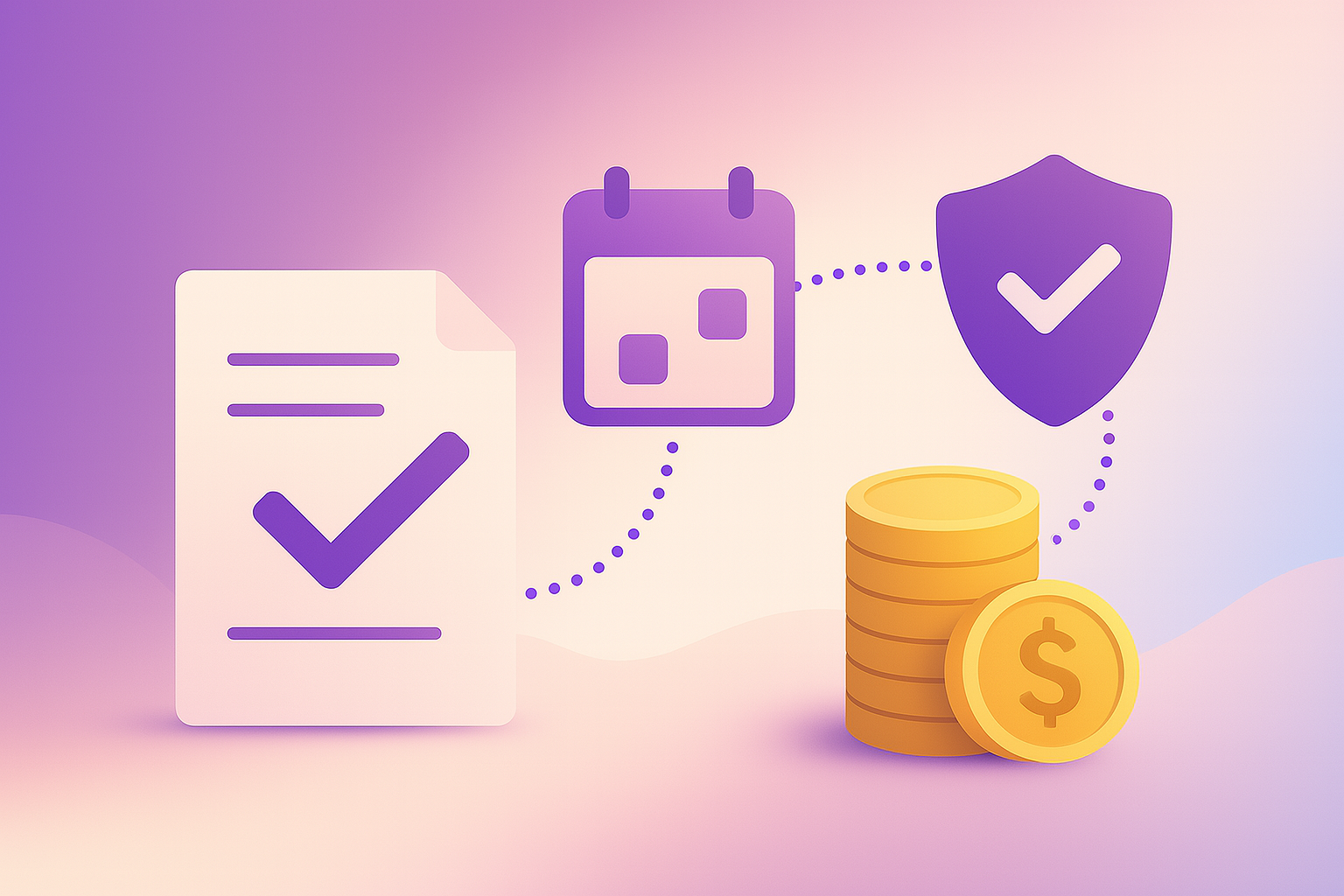 Contract document, calendar, shield, and coins symbolizing revenue assurance.