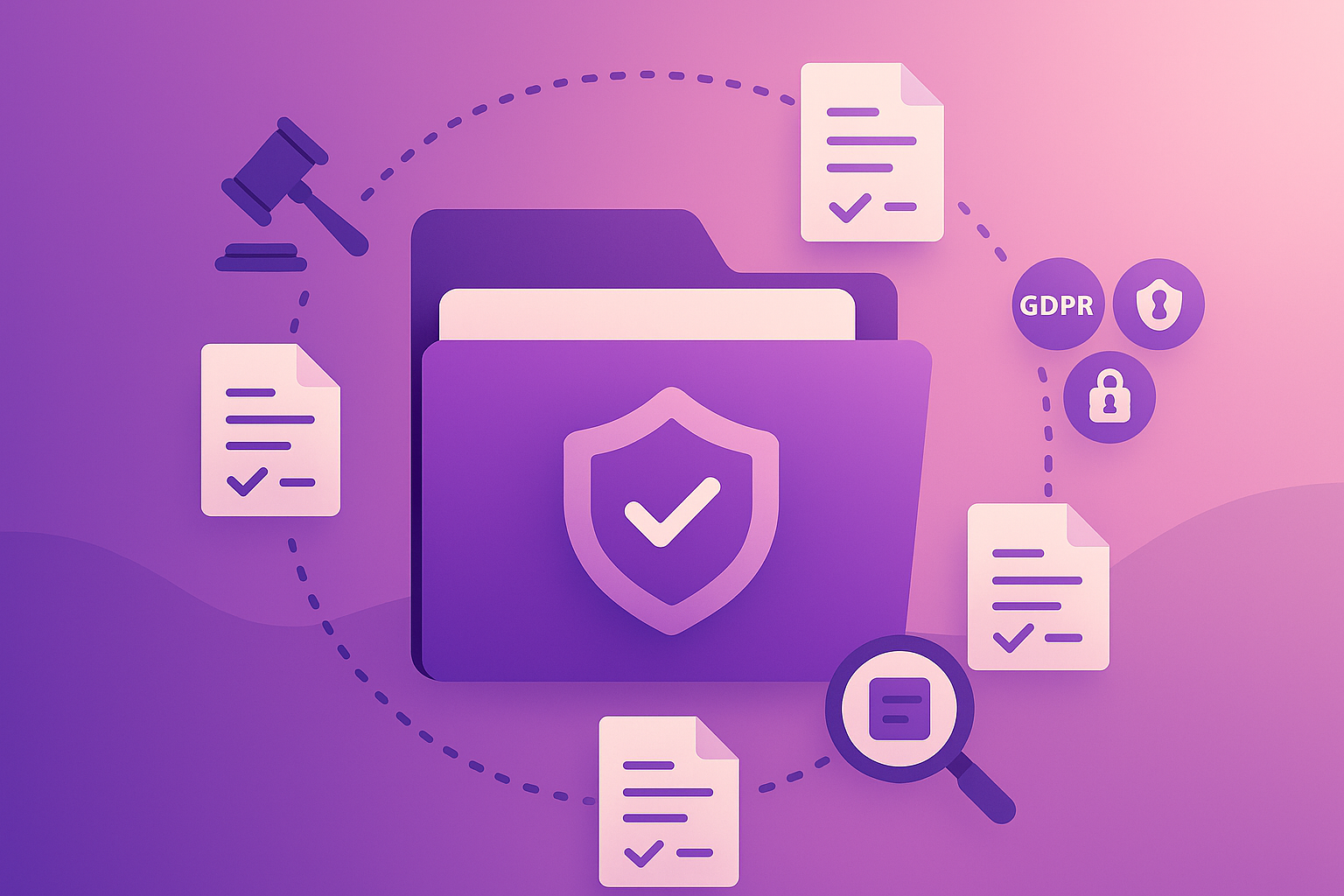 Secure folder with shield, gavel, GDPR and lock icons for audit and compliance.