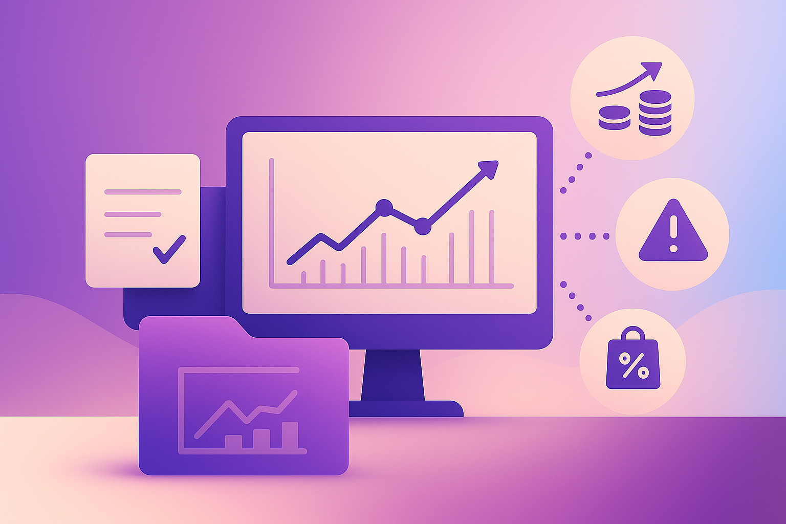 Monitor with charts, folder, and scenario icons showing contract forecasting.