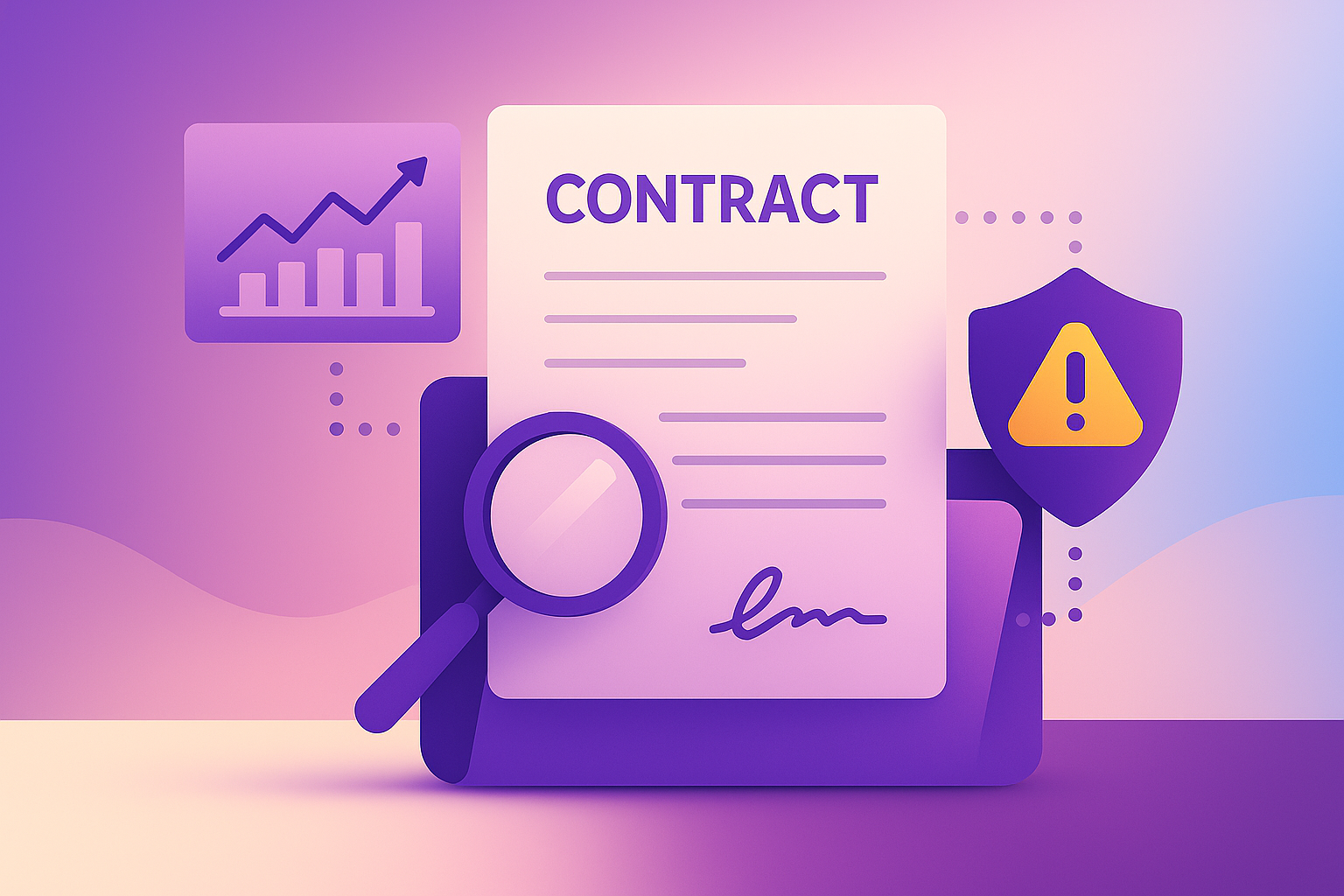 Magnifying glass over contract with risk shield and charts for data-driven negotiations.