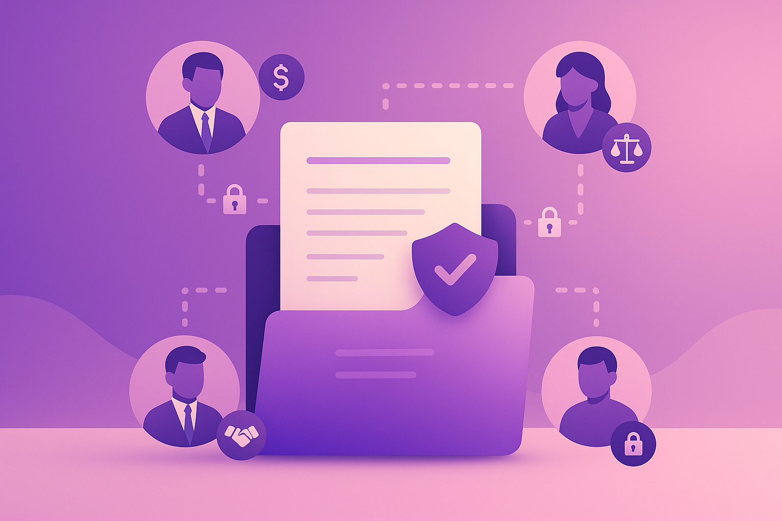 Folder with contract, shield, and team icons showing secure collaboration.