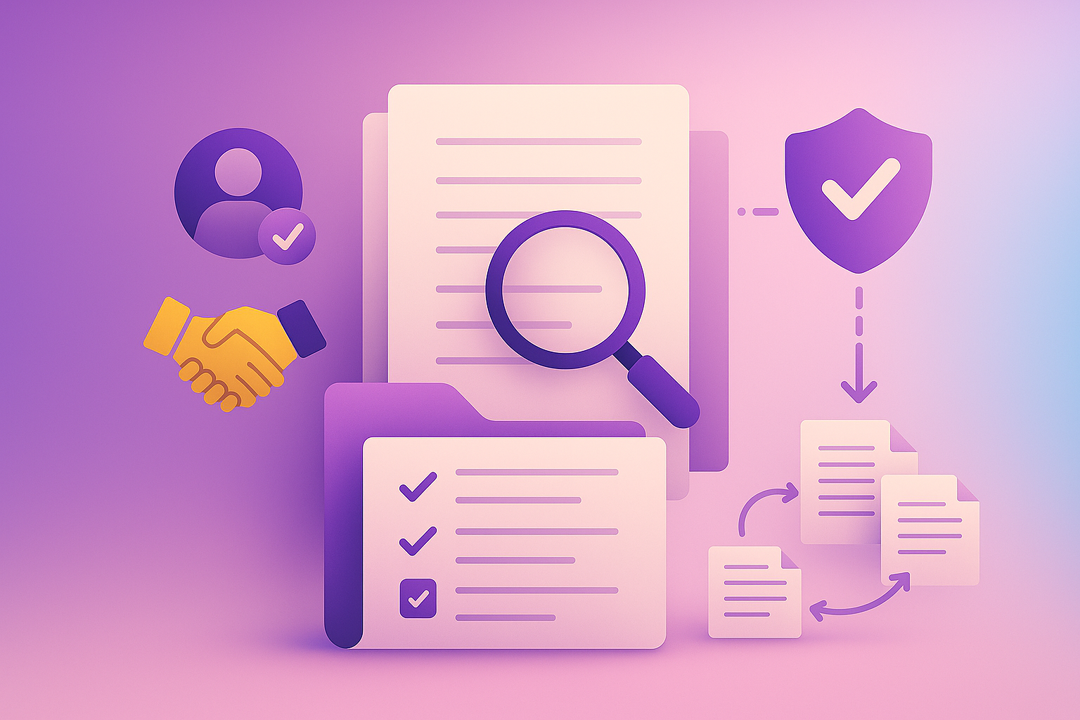 Contracts with handshake, magnifying glass, shield for due diligence readiness.
