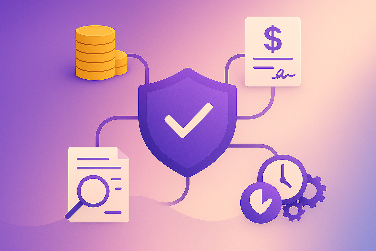 Shield with checkmark connected to money, contract, search, and clock icons.