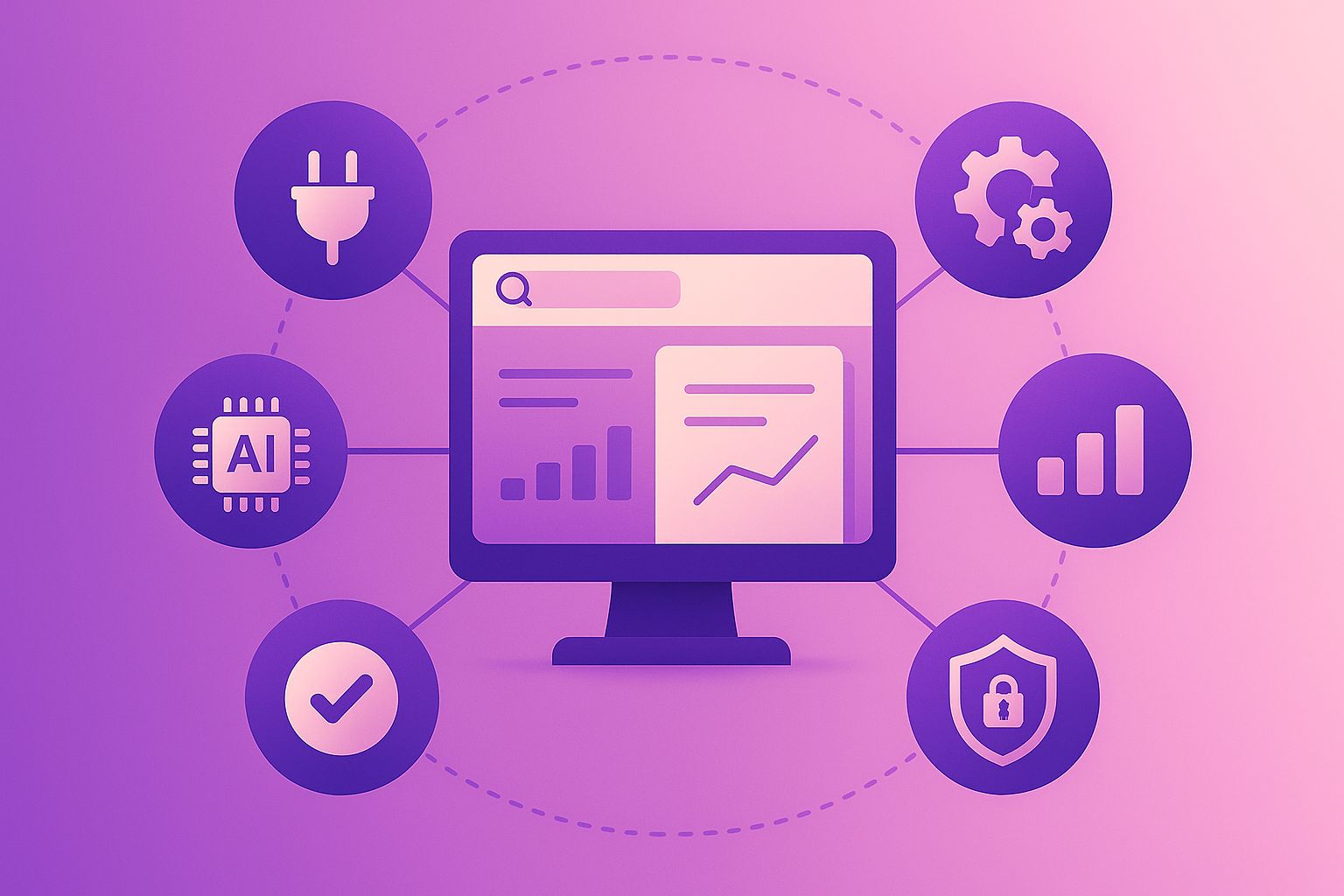 CLM dashboard with icons for integration, AI, workflows, analytics, compliance, and security.