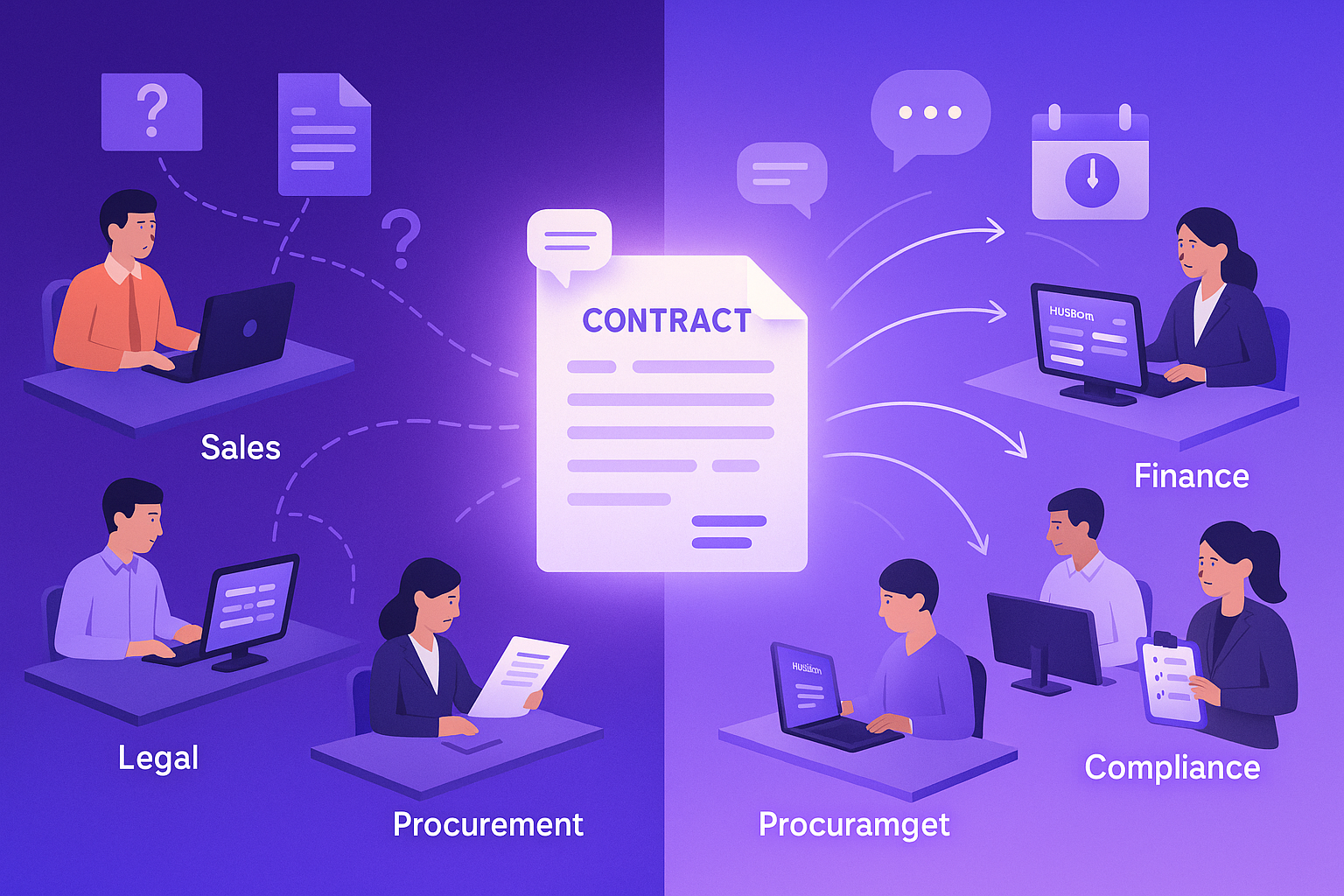 Sales, legal, finance, and procurement collaborating on a central contract.
