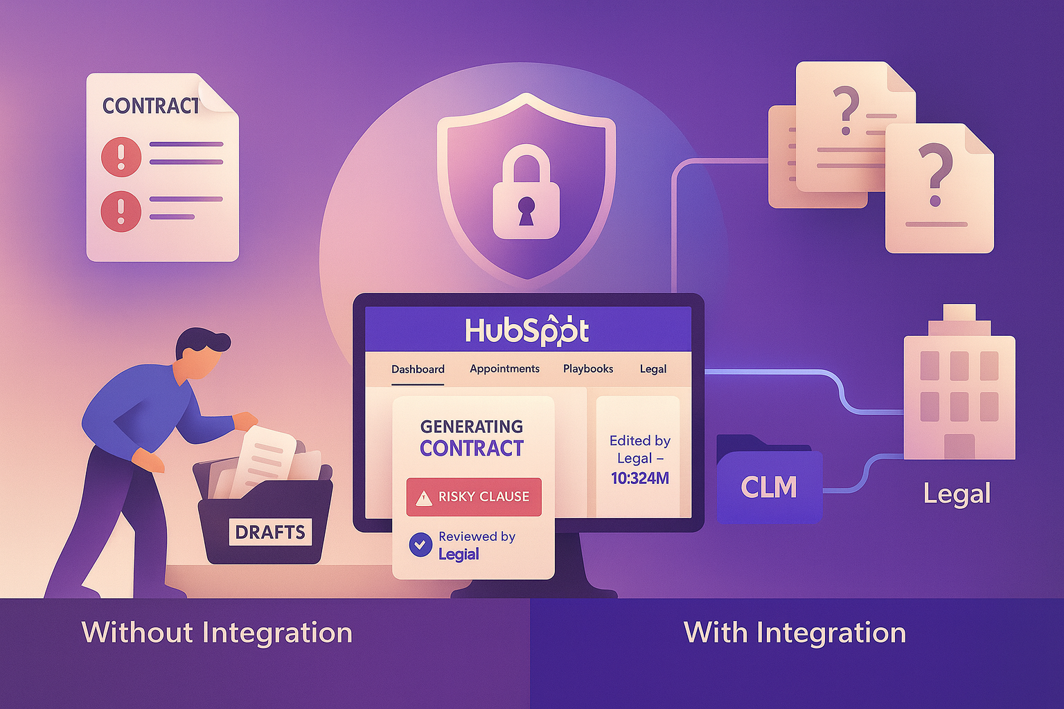 Without vs with HubSpot-CLM integration for secure contract generation.