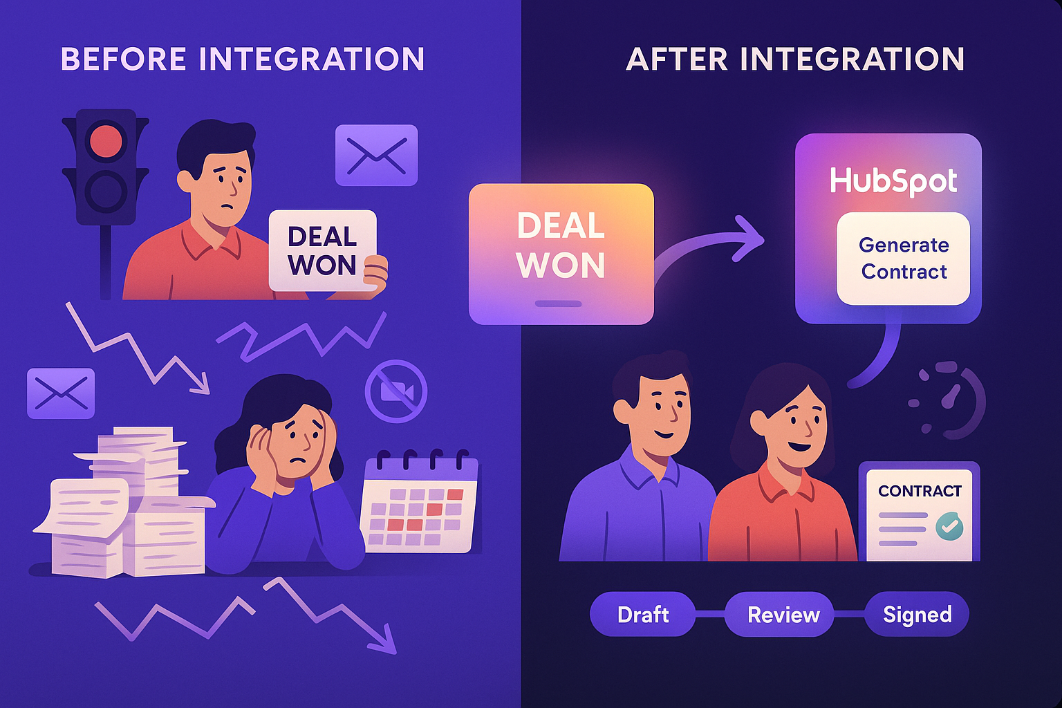 Before vs after HubSpot-CLM integration showing faster contract workflow.