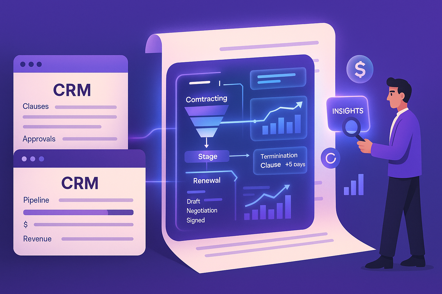 CRM and CLM integration providing contract insights and revenue analytics.