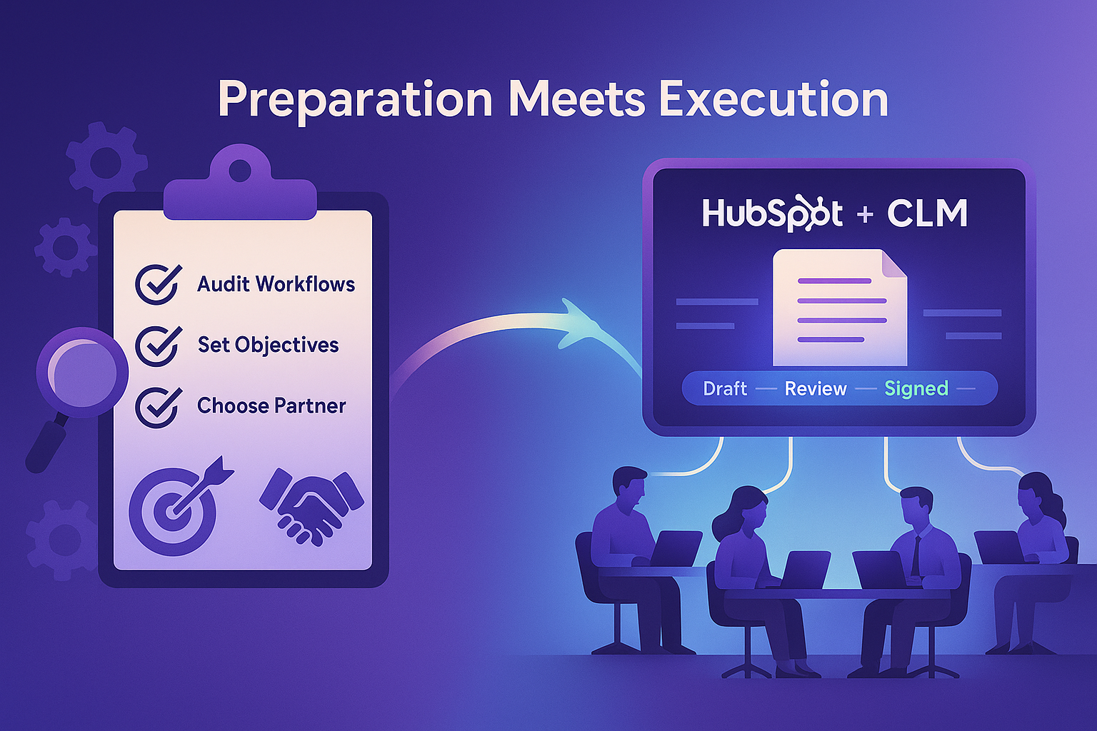 Preparation steps leading to HubSpot + CLM execution with contract stages.
