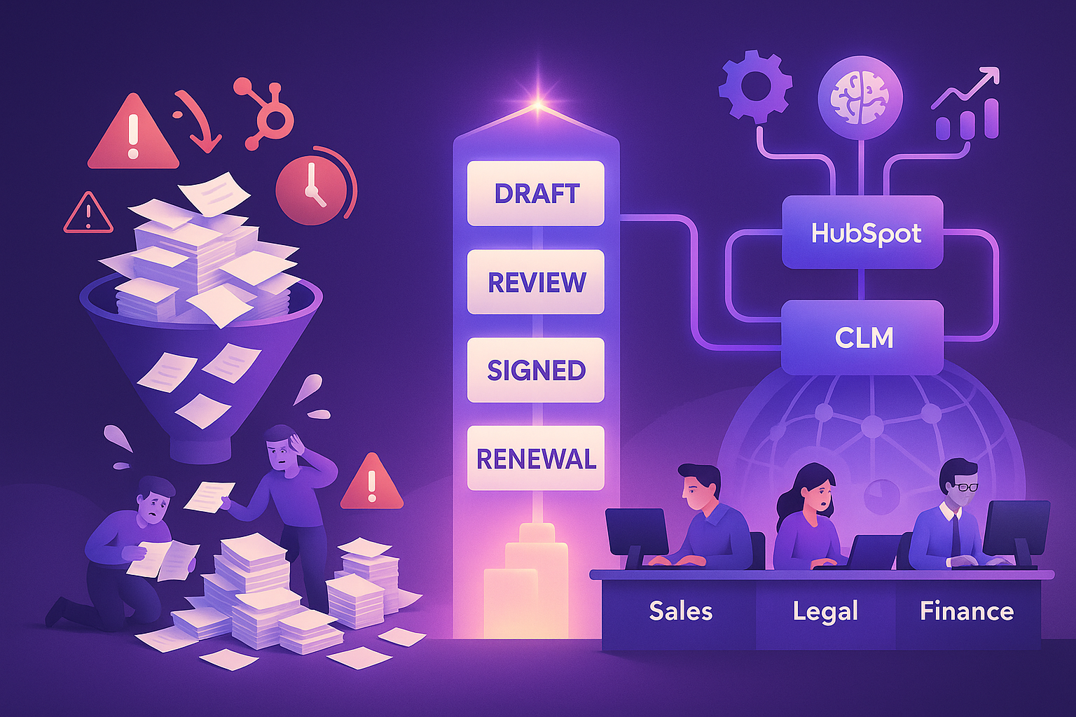 Manual contract chaos vs streamlined HubSpot-CLM funnel across teams.
