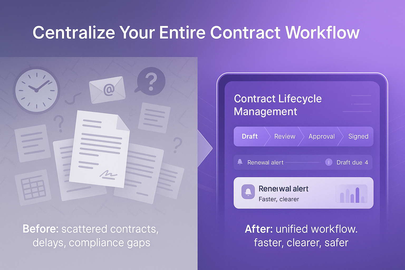 Centralized CLM workflow graphic showing shift from chaotic contract management to a unified digital system with streamlined drafting and approvals.