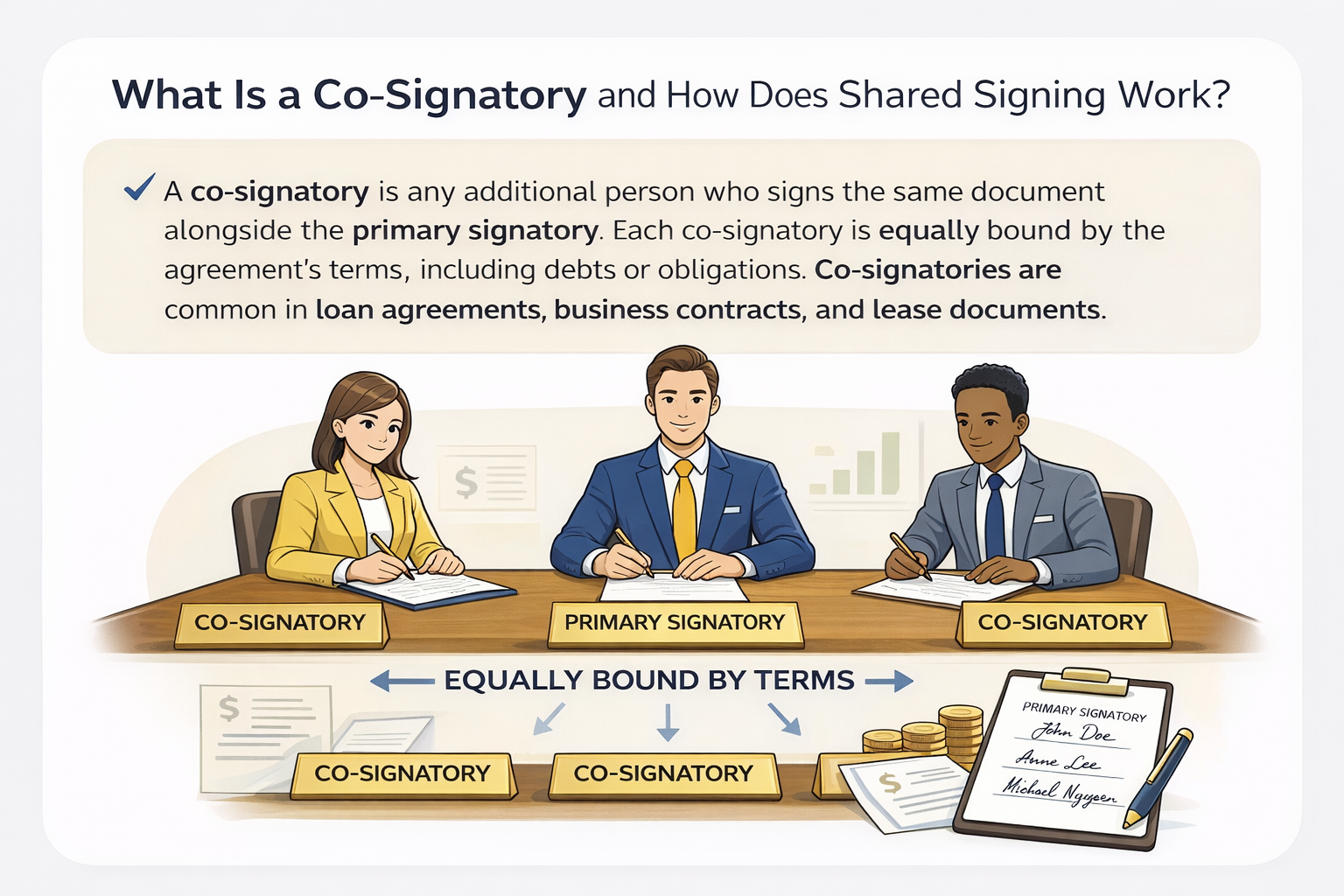 A co-signatory signs alongside another party and shares equal legal responsibility in agreements.