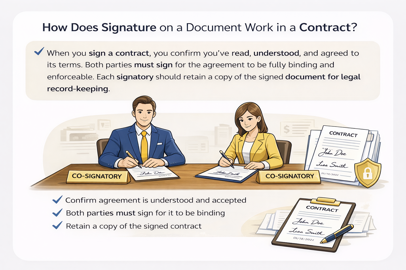 A signature confirms agreement, making contracts legally binding when all required parties sign.