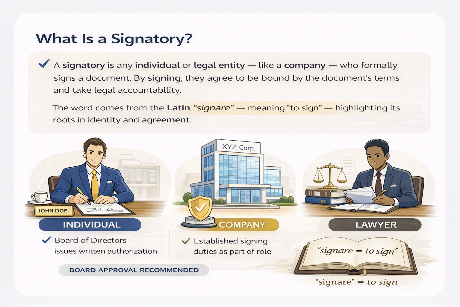 A signatory is the person or entity legally responsible for signing and agreeing to a document’s terms.