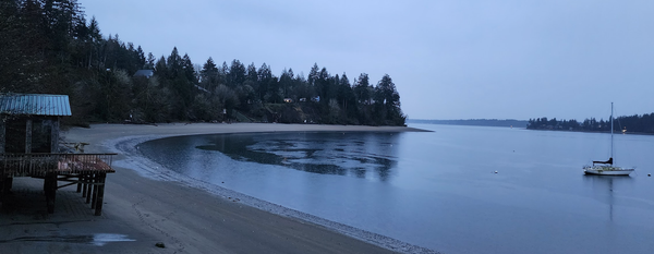 A quiet curving beach on a foggy winter day. A sailboat, shed on stilts, and treed shore are visible.