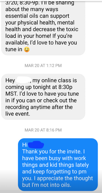 When you're a totally supportive nice person but you don't want to support Laura's pyramid scheme