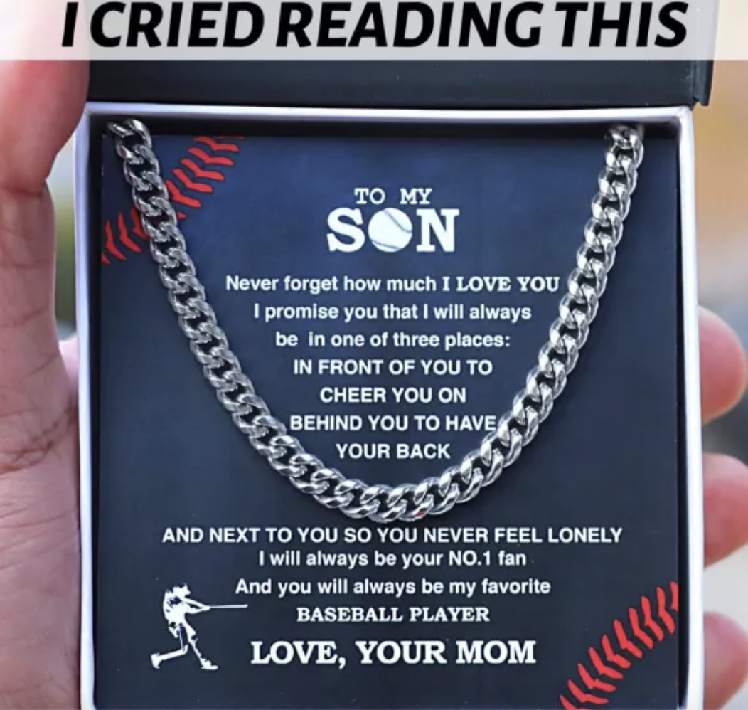 A picture of an ugly chain necklace with a trite saying about how I'll always be there for you