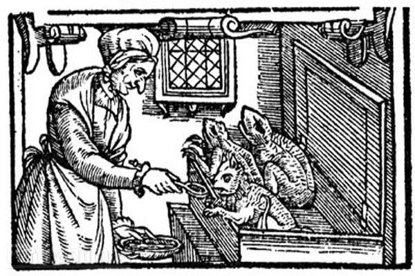 A woodcut of a woman feeding something to some things