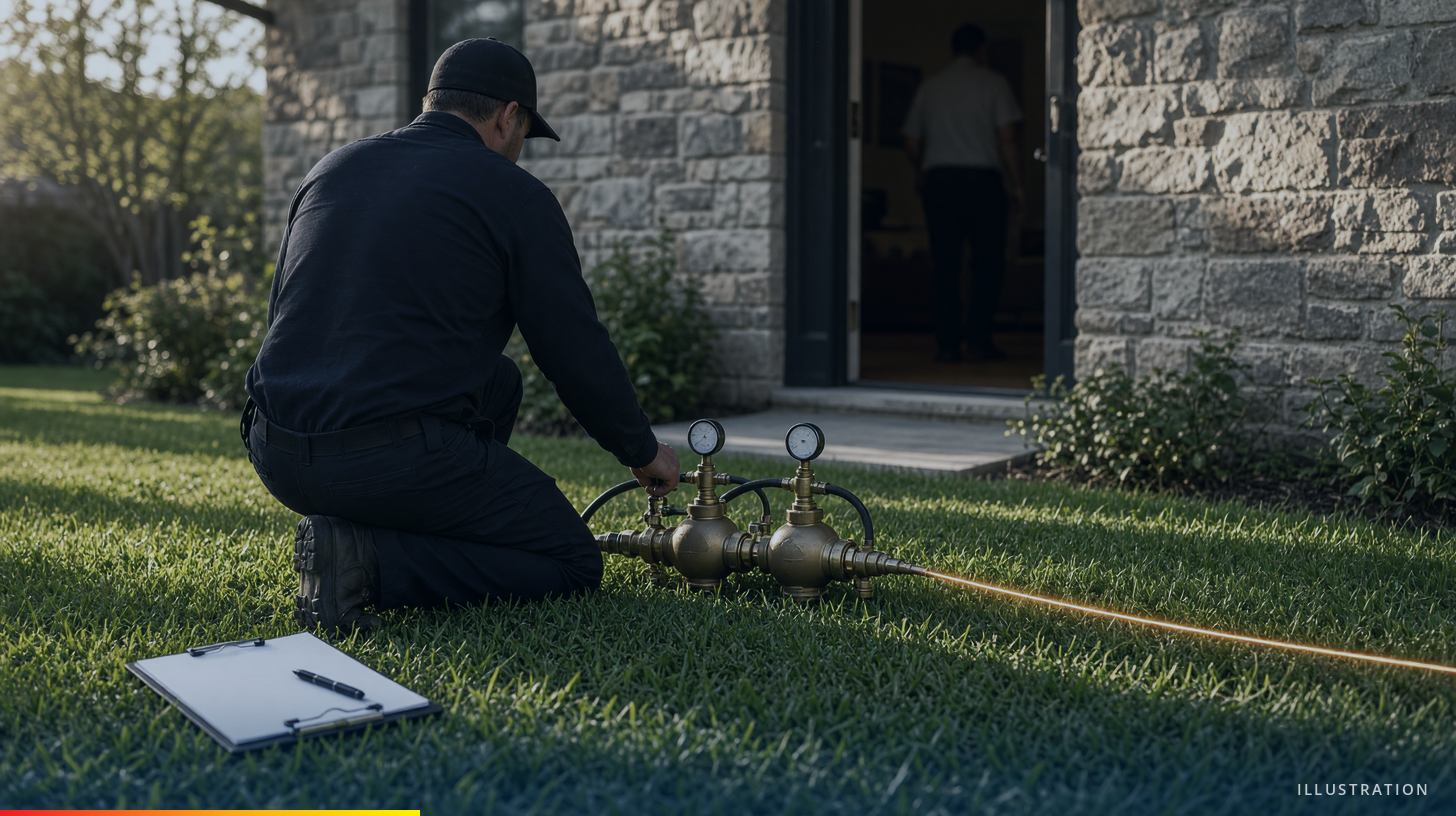 Illustration of a technician kneeling beside a brass backflow assembly on a homeowner's front lawn, with a clipboard on the grass